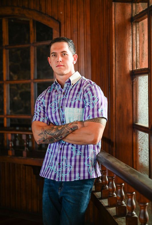 Menʻs Aloha Shirt Button Down ( PURPLE PALAKA ʻ25 )